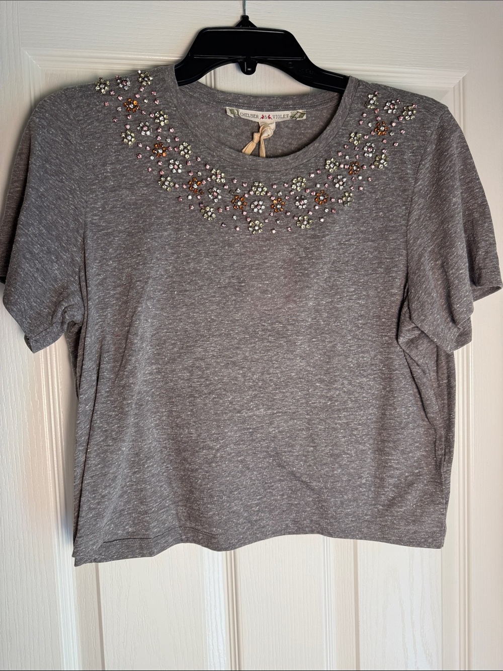 Chelsea28 Gray Short Sleeve Tee with Jeweled Neckline